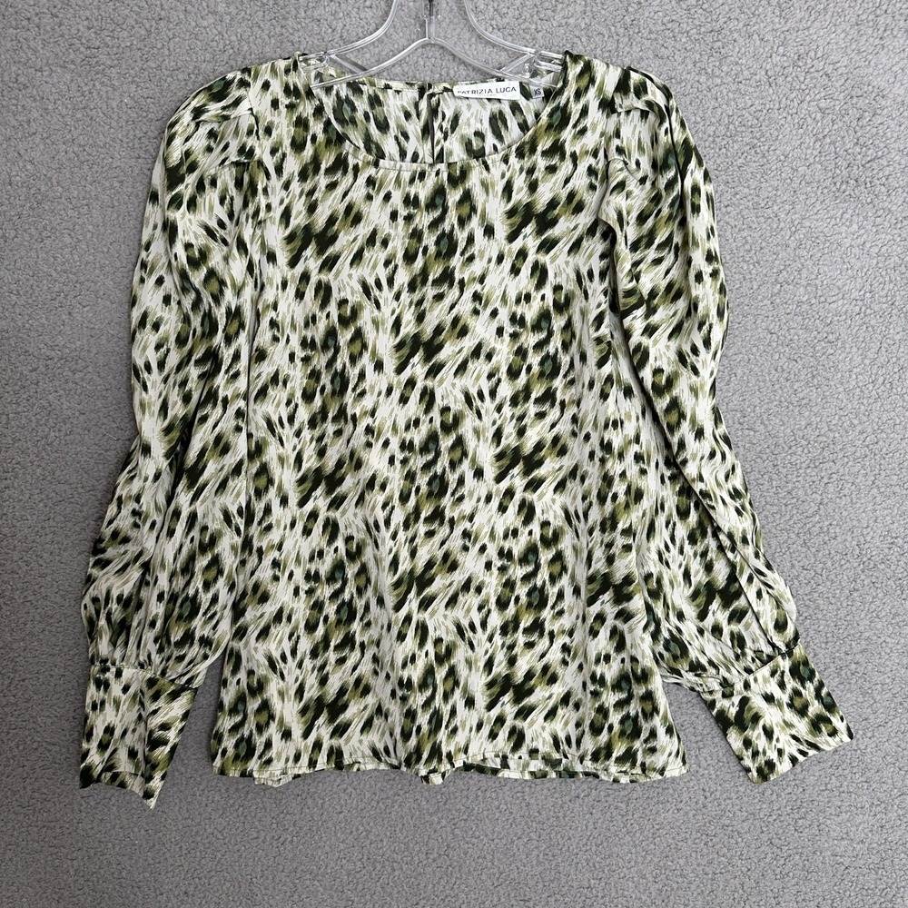 Patrizia Luca Top Womens XS Green White Animal‎ Print Puff Sleeves Career